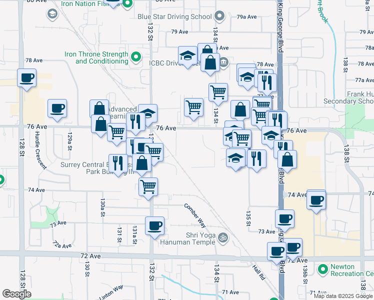 map of restaurants, bars, coffee shops, grocery stores, and more near 13340 76 Avenue in Surrey