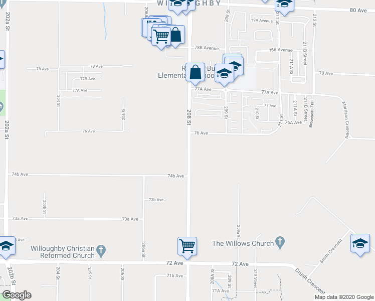 map of restaurants, bars, coffee shops, grocery stores, and more near 7547 208 Street in Langley