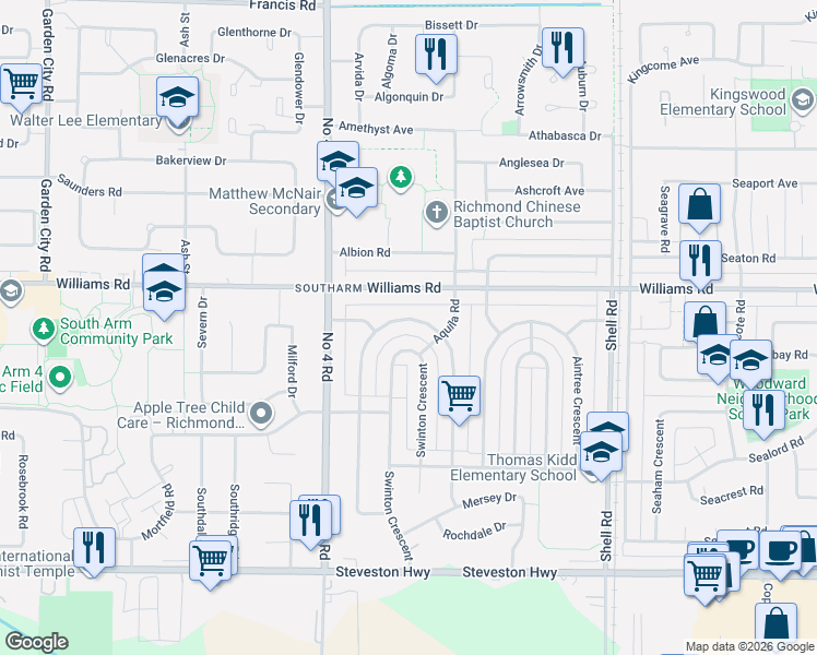 map of restaurants, bars, coffee shops, grocery stores, and more near 10580 Dennis Crescent in Richmond