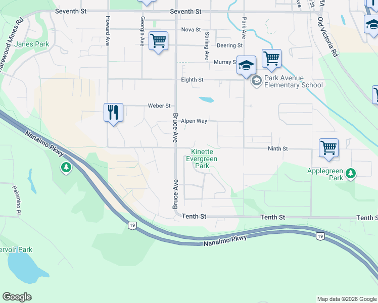 map of restaurants, bars, coffee shops, grocery stores, and more near 1001 Timberwood Drive in Nanaimo