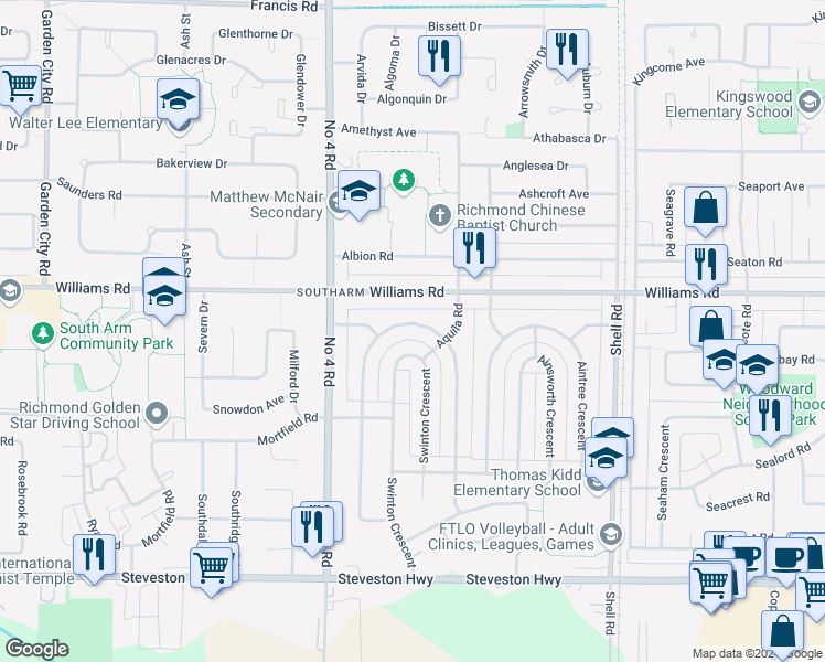 map of restaurants, bars, coffee shops, grocery stores, and more near 10580 Dennis Crescent in Richmond