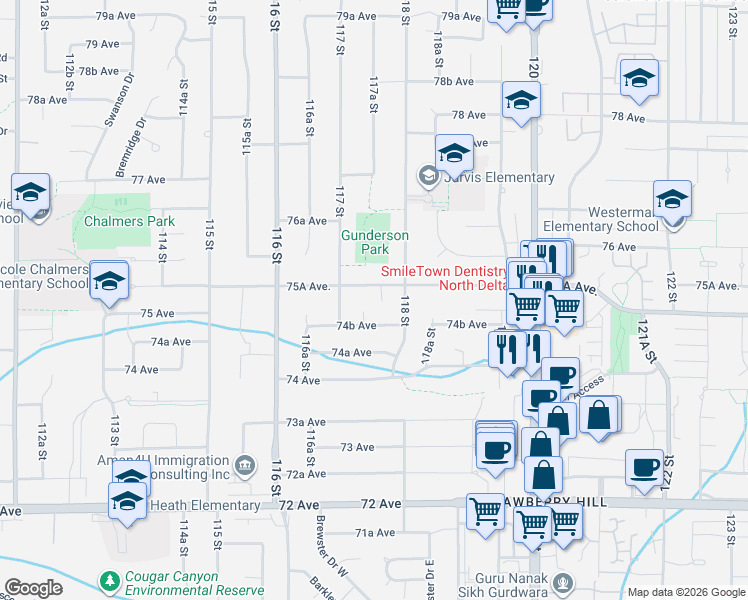 map of restaurants, bars, coffee shops, grocery stores, and more near 11766 Kerr Bay in Delta