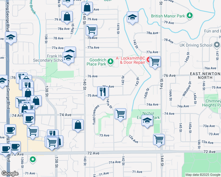 map of restaurants, bars, coffee shops, grocery stores, and more near 14138 75A Avenue in Surrey