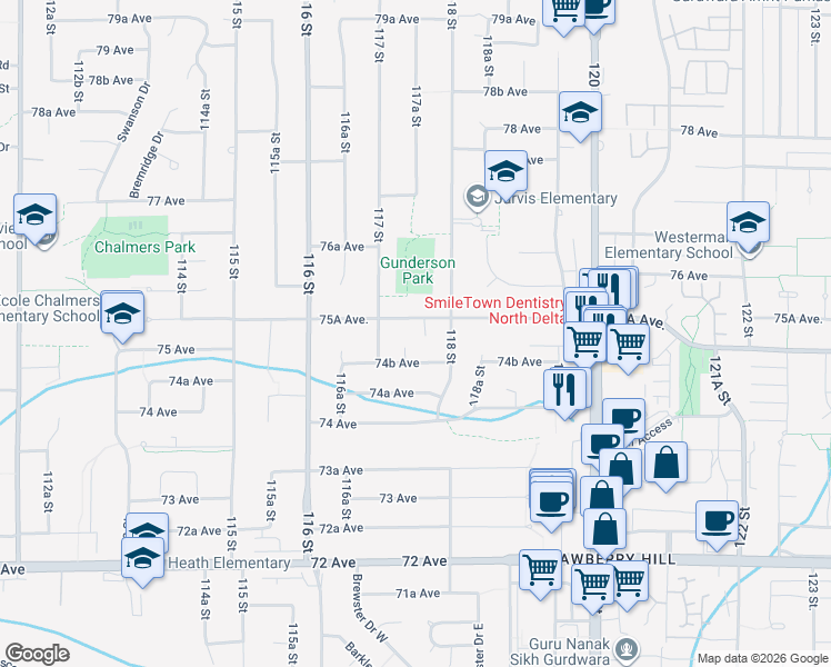map of restaurants, bars, coffee shops, grocery stores, and more near 11766 Kerr Bay in Delta