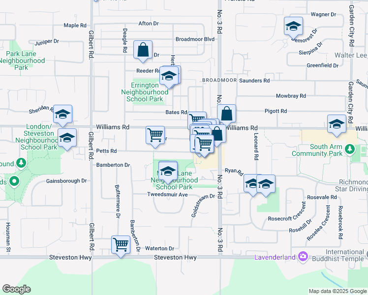 map of restaurants, bars, coffee shops, grocery stores, and more near 7571 Petts Road in Richmond