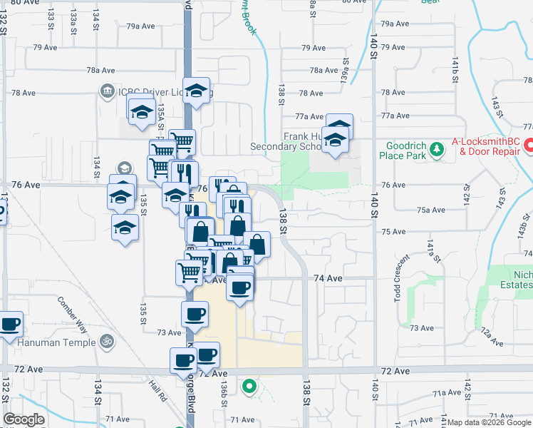 map of restaurants, bars, coffee shops, grocery stores, and more near in Surrey