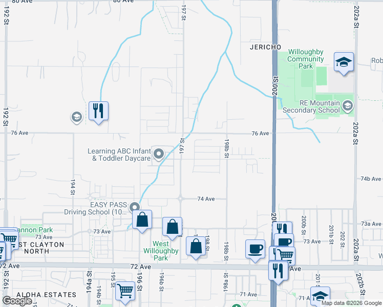 map of restaurants, bars, coffee shops, grocery stores, and more near 7545 197A Street in Langley Township