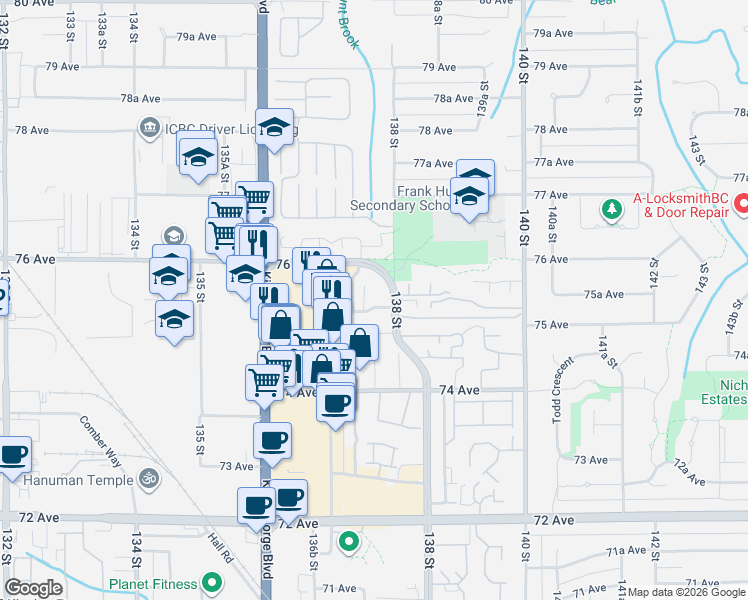 map of restaurants, bars, coffee shops, grocery stores, and more near 13777 75A Avenue in Surrey