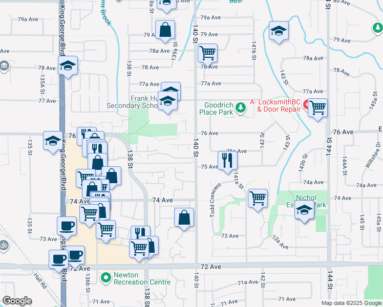 map of restaurants, bars, coffee shops, grocery stores, and more near 7521 140 Street in Surrey