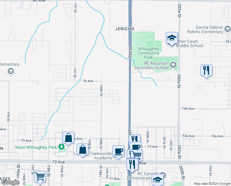 map of restaurants, bars, coffee shops, grocery stores, and more near in Langley Township