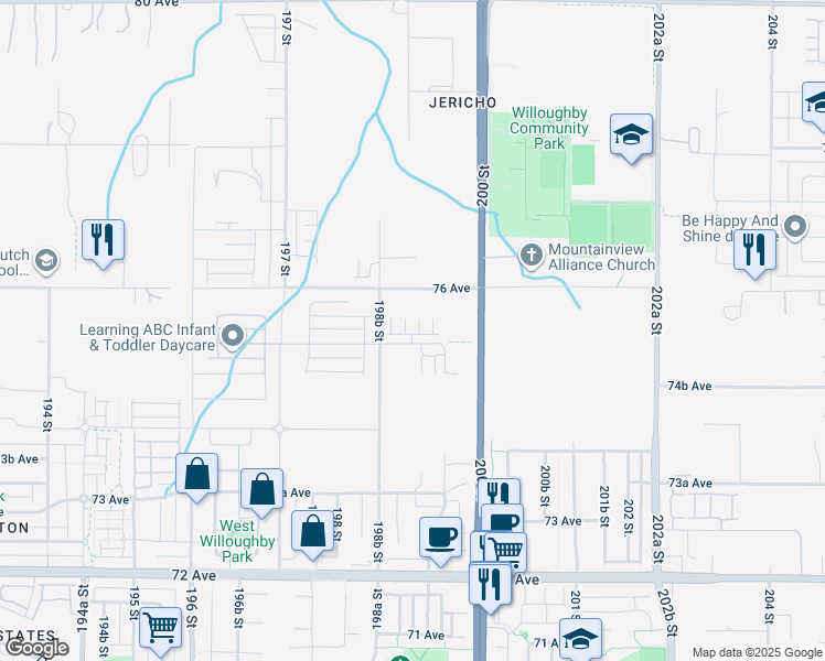 map of restaurants, bars, coffee shops, grocery stores, and more near 19887 75A Avenue in Langley
