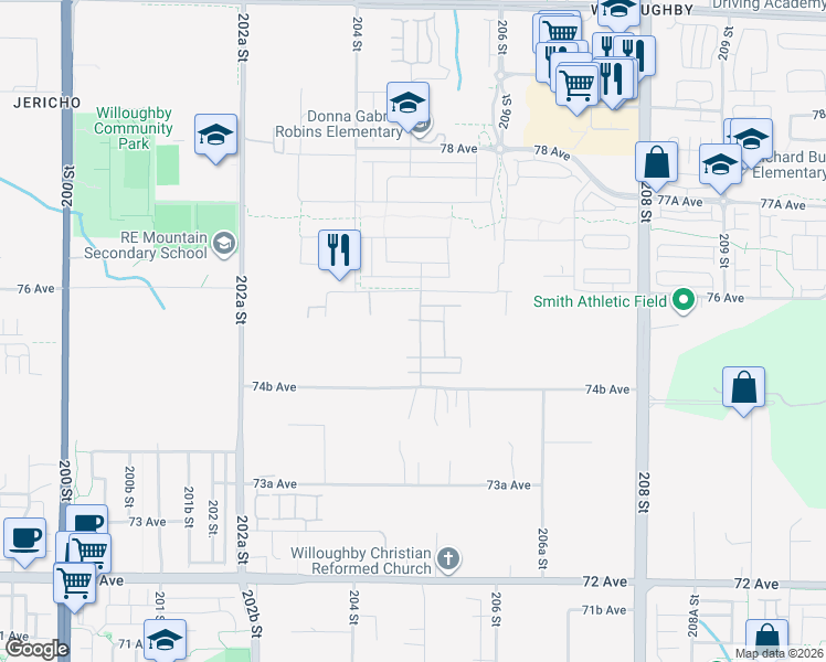 map of restaurants, bars, coffee shops, grocery stores, and more near 7527 205 Street in Langley Township