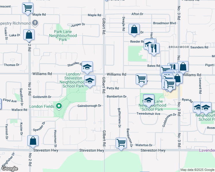 map of restaurants, bars, coffee shops, grocery stores, and more near 7031 Petts Road in Richmond