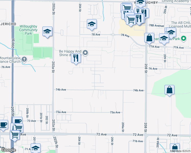 map of restaurants, bars, coffee shops, grocery stores, and more near 7528 205 Street in Langley Township