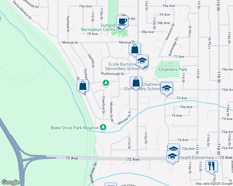map of restaurants, bars, coffee shops, grocery stores, and more near 7533 Malton Drive in Delta