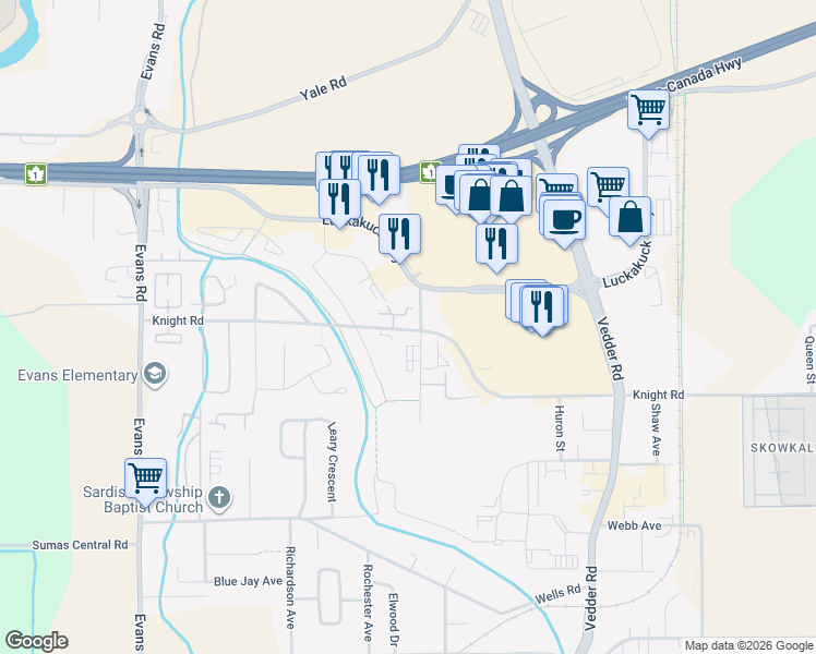 map of restaurants, bars, coffee shops, grocery stores, and more near 45485A Knight Road in Chilliwack