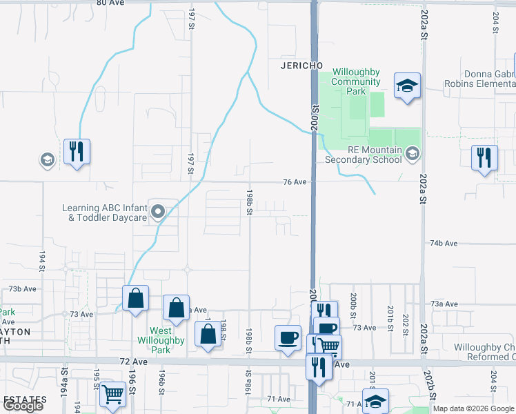 map of restaurants, bars, coffee shops, grocery stores, and more near 19887 75A Avenue in Langley