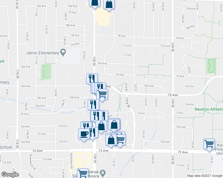 map of restaurants, bars, coffee shops, grocery stores, and more near 102 75A Avenue in Surrey