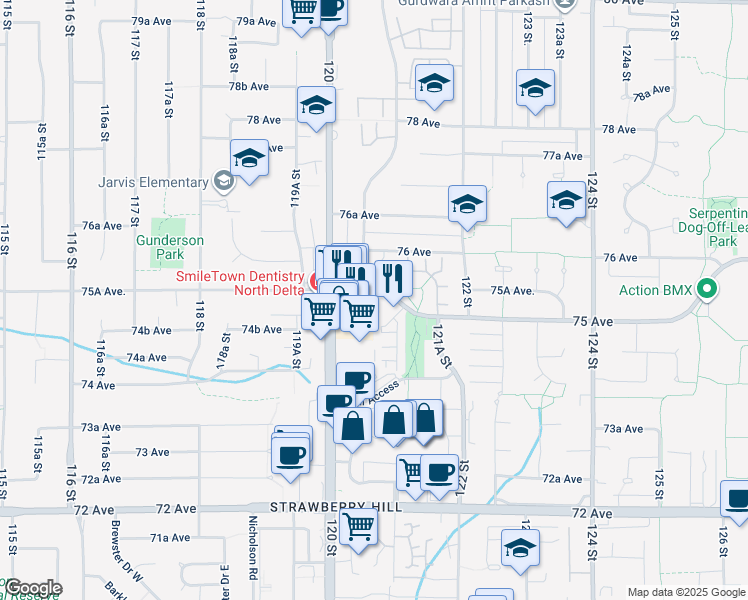 map of restaurants, bars, coffee shops, grocery stores, and more near 12088 75A Avenue in Surrey