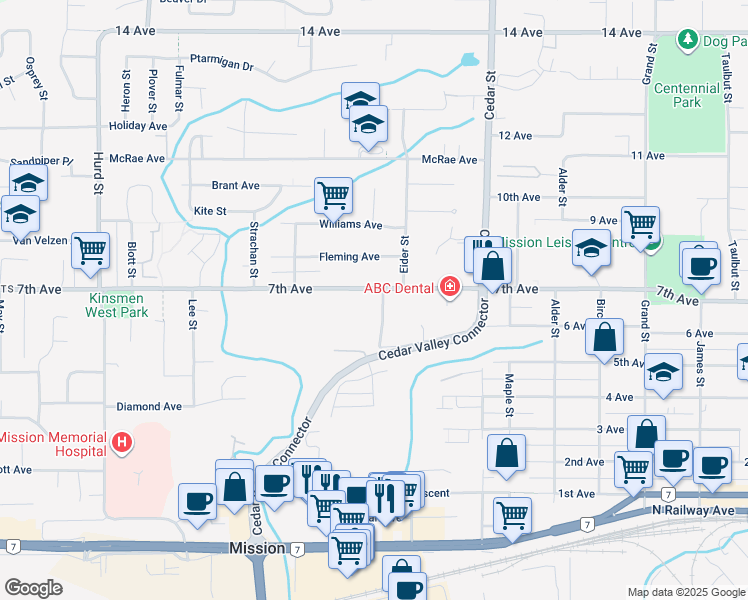 map of restaurants, bars, coffee shops, grocery stores, and more near 32638 7th Avenue in Mission