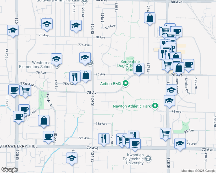map of restaurants, bars, coffee shops, grocery stores, and more near 12476 75A Avenue in Surrey