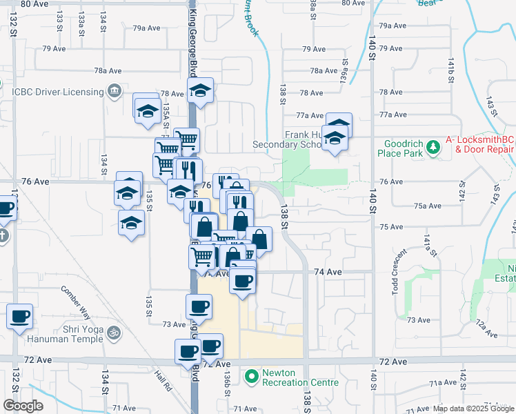 map of restaurants, bars, coffee shops, grocery stores, and more near 13780 76 Avenue in Surrey