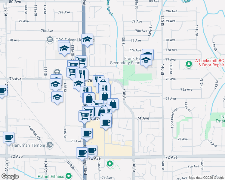 map of restaurants, bars, coffee shops, grocery stores, and more near 13780 76 Avenue in Surrey