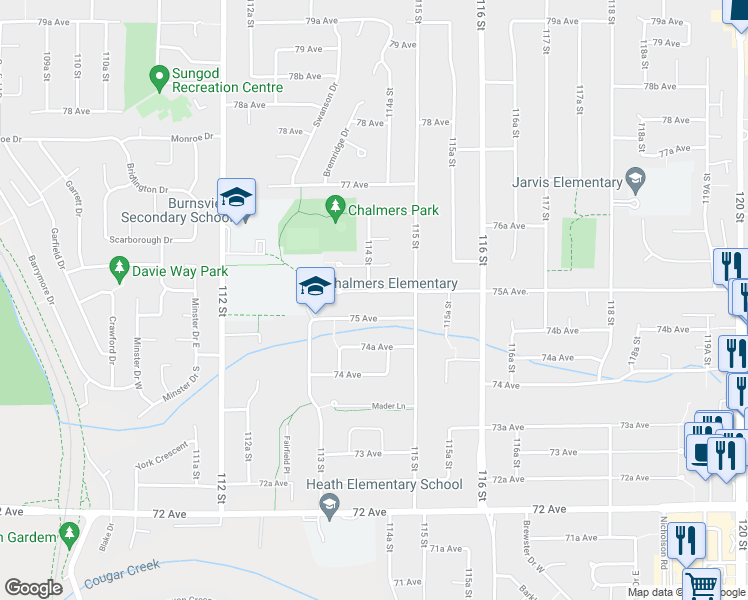 map of restaurants, bars, coffee shops, grocery stores, and more near 11454 75A Avenue in Delta