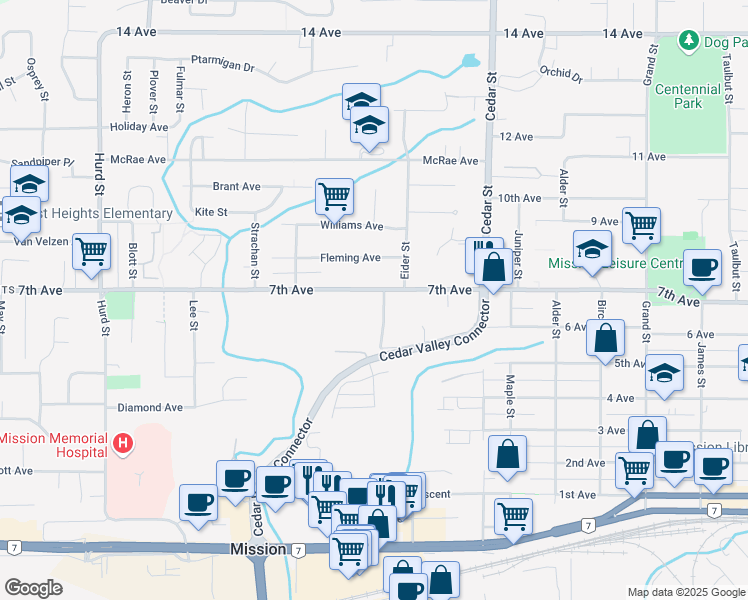 map of restaurants, bars, coffee shops, grocery stores, and more near 32638 7th Avenue in Mission