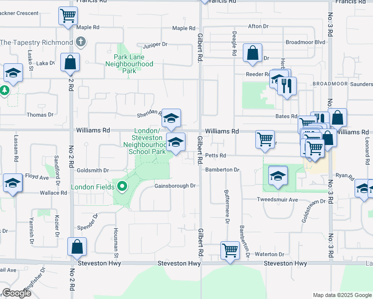 map of restaurants, bars, coffee shops, grocery stores, and more near 10111 Gilbert Road in Richmond