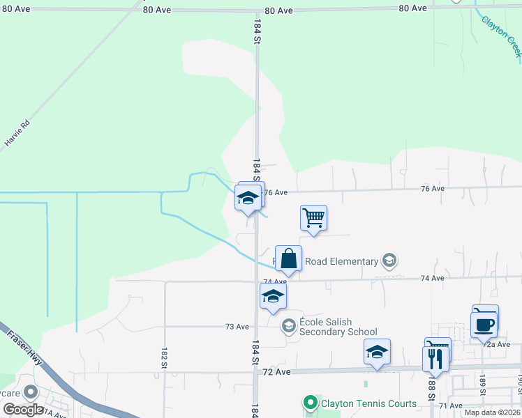 map of restaurants, bars, coffee shops, grocery stores, and more near 7564 184 Street in Surrey