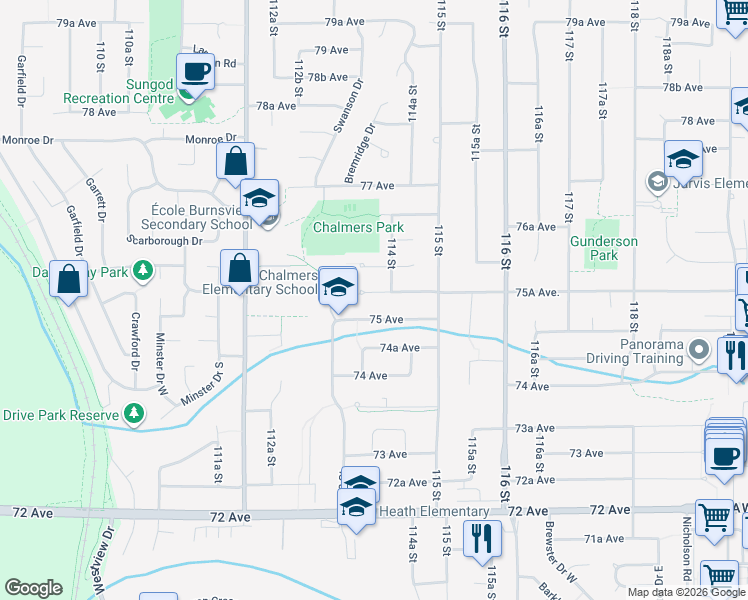 map of restaurants, bars, coffee shops, grocery stores, and more near 11394 75A Avenue in Delta