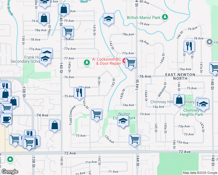 map of restaurants, bars, coffee shops, grocery stores, and more near 7545 143 Street in Surrey
