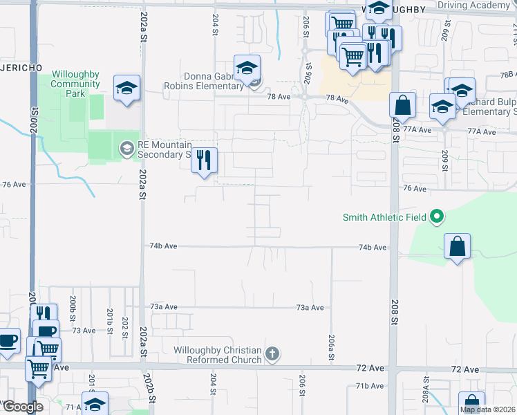 map of restaurants, bars, coffee shops, grocery stores, and more near 7532 205 Street in Langley Township