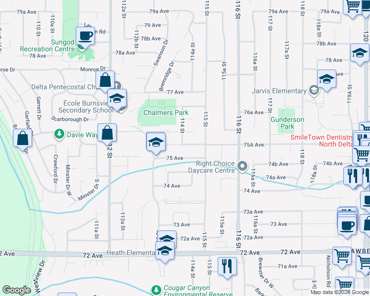 map of restaurants, bars, coffee shops, grocery stores, and more near 11434 75A Avenue in Delta