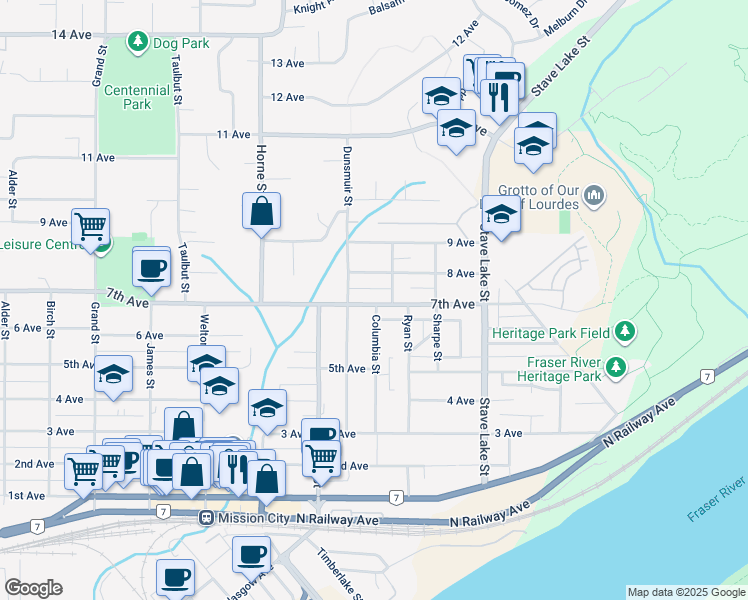 map of restaurants, bars, coffee shops, grocery stores, and more near 33497 7th Avenue in Mission