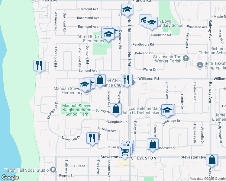 map of restaurants, bars, coffee shops, grocery stores, and more near 3860 Scotsdale Place in Richmond