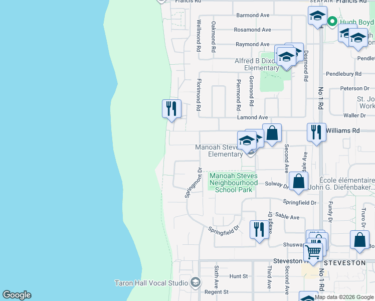 map of restaurants, bars, coffee shops, grocery stores, and more near 3260 Springford Avenue in Richmond