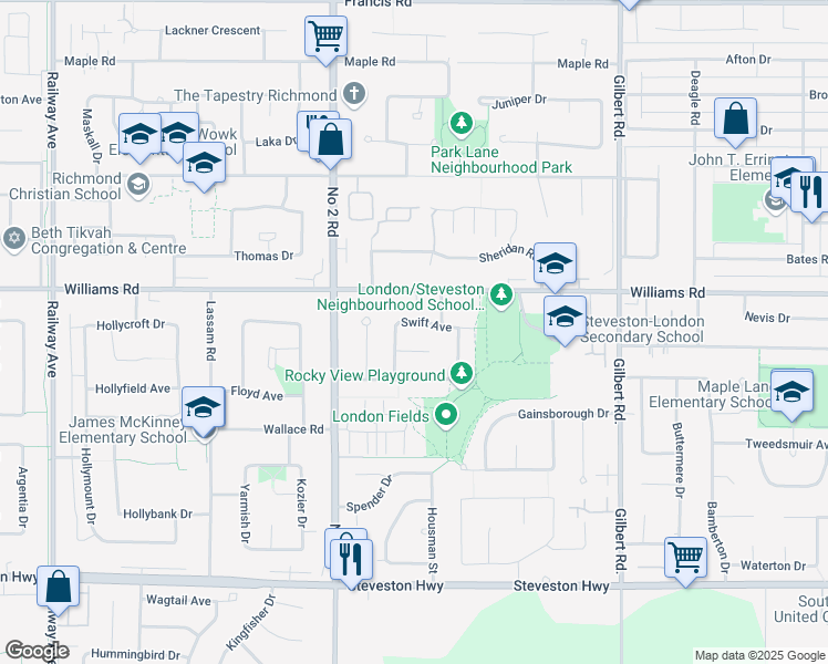 map of restaurants, bars, coffee shops, grocery stores, and more near 6340 Swift Avenue in Richmond