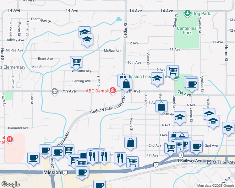 map of restaurants, bars, coffee shops, grocery stores, and more near 32774 7th Avenue in Mission