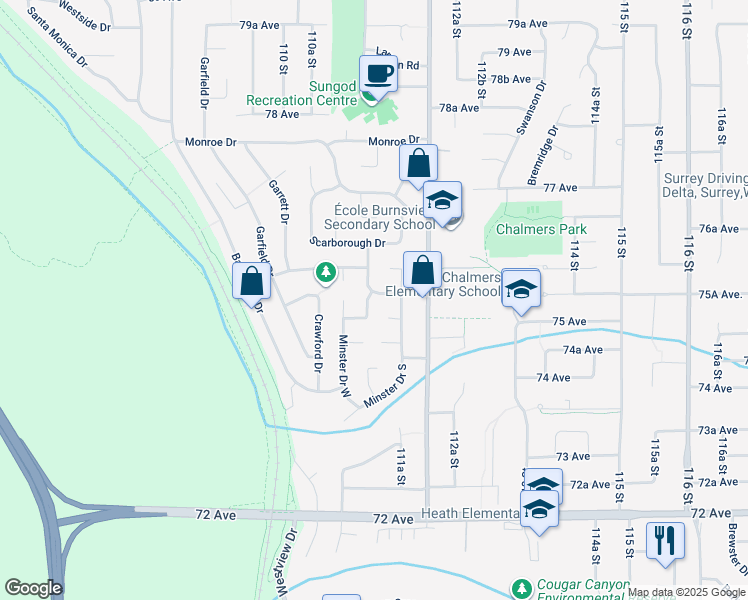 map of restaurants, bars, coffee shops, grocery stores, and more near 7510 Malton Drive in Delta