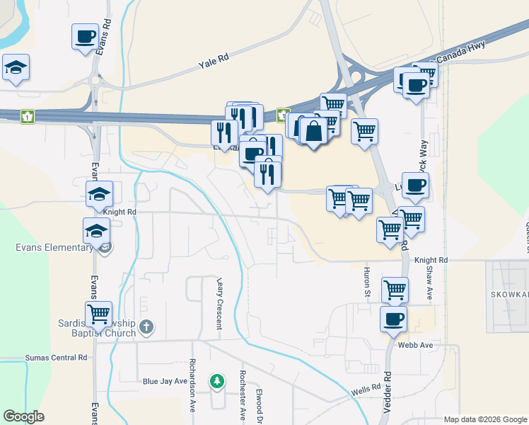 map of restaurants, bars, coffee shops, grocery stores, and more near 7609 Amber Drive in Chilliwack