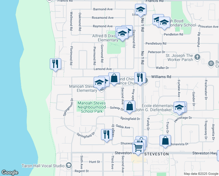 map of restaurants, bars, coffee shops, grocery stores, and more near 10200 Fourth Avenue in Richmond