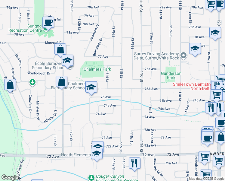 map of restaurants, bars, coffee shops, grocery stores, and more near 11454 75A Avenue in Delta