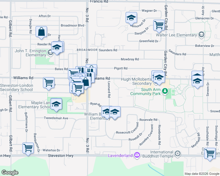 map of restaurants, bars, coffee shops, grocery stores, and more near 10080 Leonard Road in Richmond
