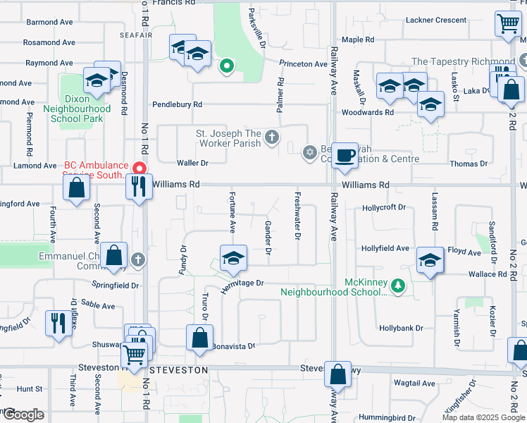 map of restaurants, bars, coffee shops, grocery stores, and more near 4451 Gander Place in Richmond