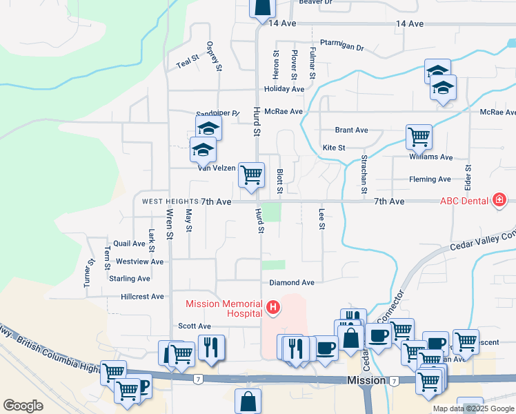 map of restaurants, bars, coffee shops, grocery stores, and more near Hurd Street in Mission