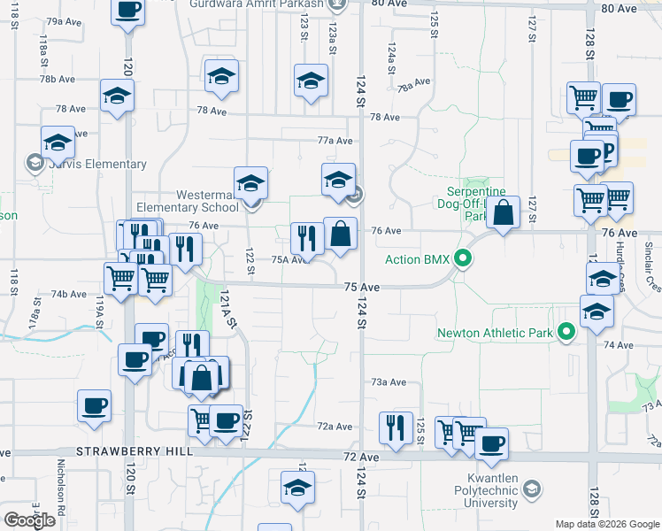 map of restaurants, bars, coffee shops, grocery stores, and more near 7542 123A Street in Surrey