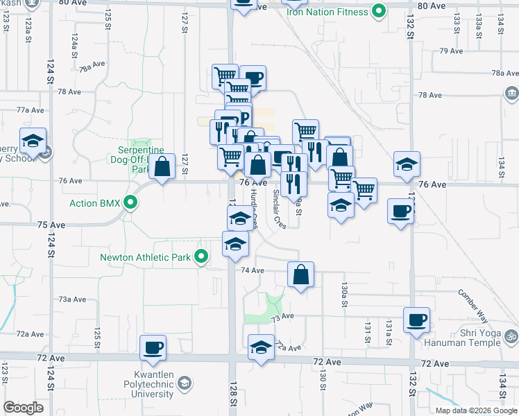 map of restaurants, bars, coffee shops, grocery stores, and more near 7552 Hurdle Crescent in Surrey