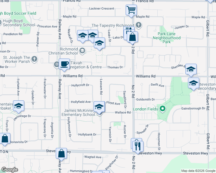 map of restaurants, bars, coffee shops, grocery stores, and more near 10139 Lawson Drive in Richmond